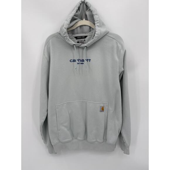 Carhartt Force Logo Hoodie Fleece Lined Kangaroo Pocket Blue Size Medium Relax - Picture 1 of 8